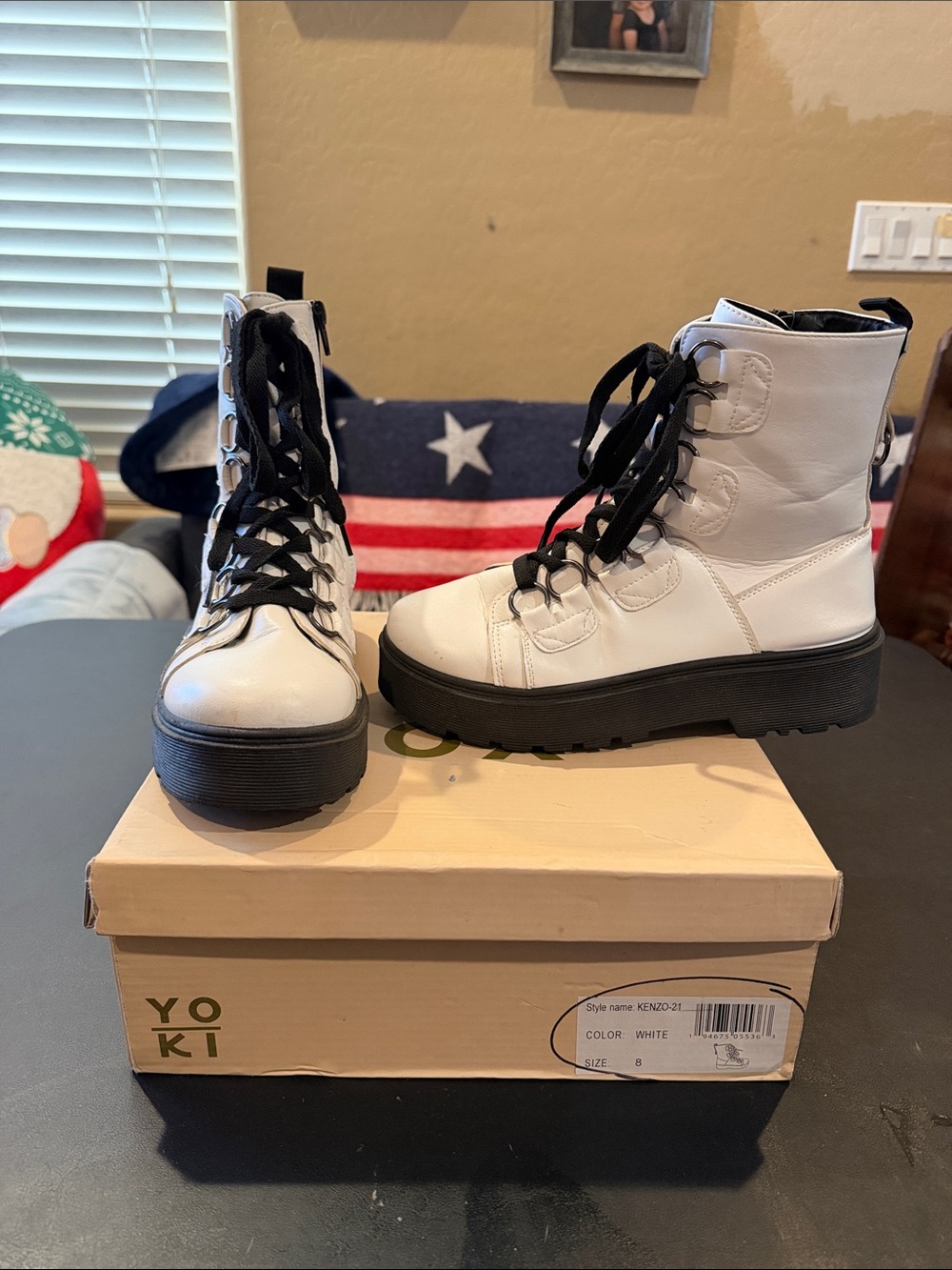 Yoki White Combat Platform Boots with Black Laces